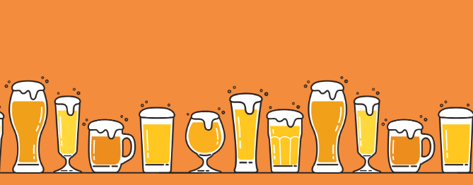 Illustration of various beer glasses and mugs filled with beer and foam, lined up along the bottom of an orange background