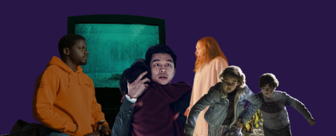 A group of five people stand in front of a TV with a blue-green screen on a solid dark purple background.
