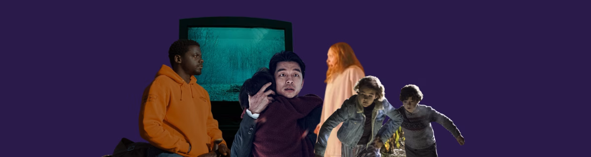 A woman with long blonde hair smiling against a purple wavy pattern background.