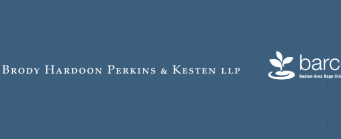 Brody Hardoon Perkins & Kesten LLP trial attorney logo on the left and Boston Area Rape Crisis Center (BARCC) logo on the right, both set against a blue background.