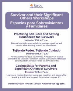 A flyer for a free survivor workshop, "Survivor and their Significant Others Workshops," listing three workshop topics with dates, times, descriptions, and RSVP contact information for Natalie at 617-649-1288.