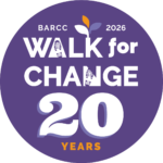Circular logo with "BARCC 2026 Walk for Change 20 Years" in white and orange text on a purple background, featuring shoe print graphics and a small plant icon, representing the Boston Area Rape Crisis Center’s prevention efforts in Boston, MA.