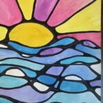 A colorful stained glass-style painting of a yellow sun rising over blue waves, with a sky shaded in pink and purple hues, inspires hope—perfect for promoting a survivor workshop or free workshop focused on healing and counseling.
