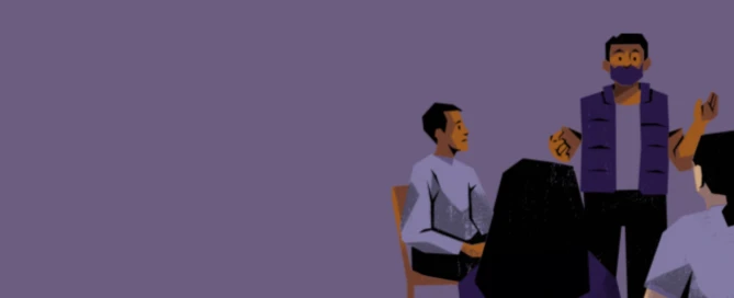 Illustration of a group discussion, featuring a person standing and speaking to others seated around a table, highlighting the collaborative efforts of a rape crisis center to offer vital services and support for those seeking help.