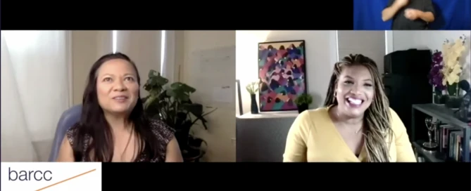 Two people are participating in a virtual forum with a sign language interpreter, hosted by BARCC, Boston's renowned rape crisis center. The screen displays "barcc FORUM: Conversations for Understanding, Healing, and Social Change" at the bottom left.