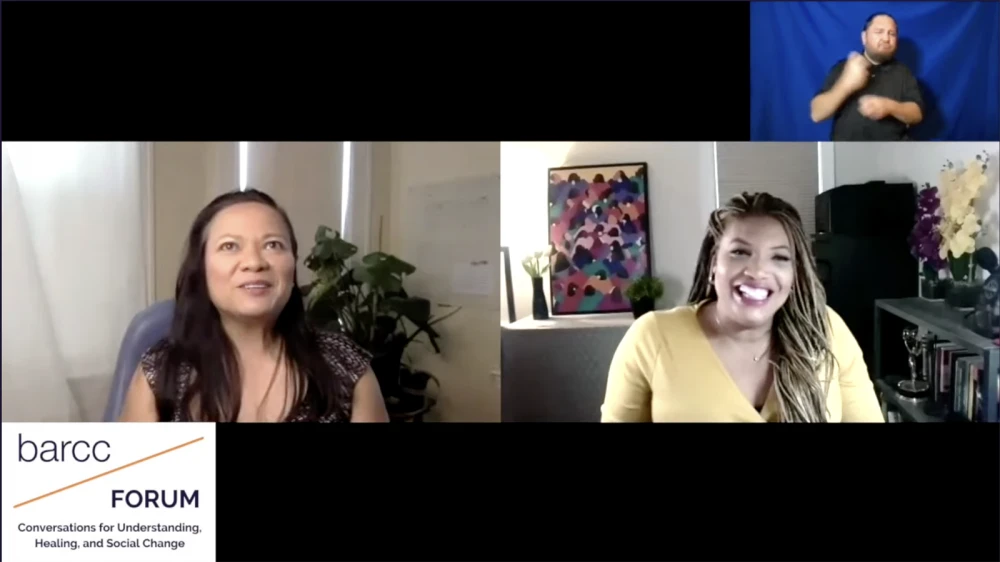 Two people are participating in a virtual forum with a sign language interpreter, hosted by BARCC, Boston's renowned rape crisis center. The screen displays "barcc FORUM: Conversations for Understanding, Healing, and Social Change" at the bottom left. 
