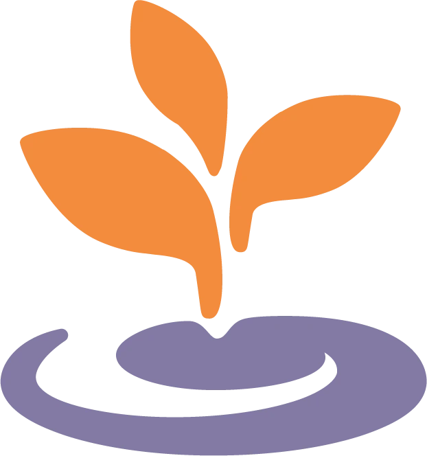 An abstract logo for a Boston-based initiative features three orange leaves elegantly sprouting from a purple circular base, symbolizing growth and support at the rape crisis center.