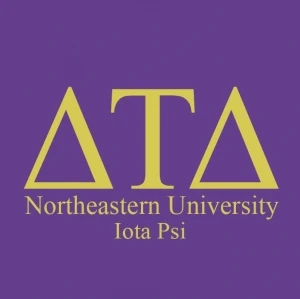Logo featuring yellow Greek letters Delta Tau Delta on a purple background, with "Northeastern University Iota Psi" written below.