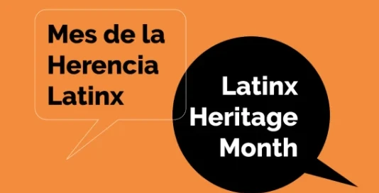 Orange background featuring two speech bubbles: one reads "Mes de la Herencia Latinx" and the other "Latinx Heritage Month." Celebrate in Boston by exploring local services or get help discovering events that honor this vibrant heritage.
