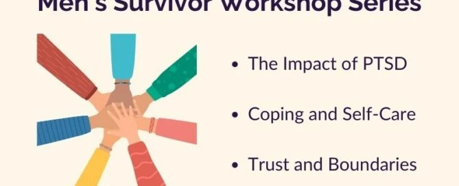 Graphic titled "Men’s Survivor Workshop Series" featuring hands joined in a circle and a text list: The Impact of PTSD, Coping and Self-Care, Trust and Boundaries. Discover how to get help through our services in Boston. BARCC logo at the bottom.