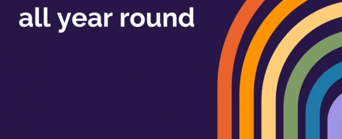 Text on a purple background reads: "BARCC provides services for LGBTQ+ survivors all year round." On the right is a rainbow arch pattern. A small white sprout logo is at the bottom left, symbolizing hope and support in Boston.
