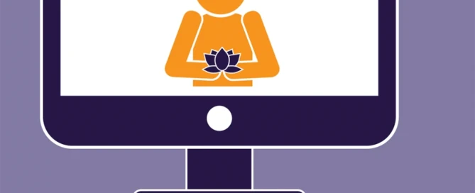 Illustration of a computer displaying a person holding a lotus flower, symbolizing meditation or yoga practice, offering solace similar to the support found at a Boston rape crisis center.