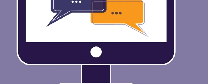 Illustration of a computer monitor showcasing two overlapping speech bubbles, one navy and one orange, on a purple background, symbolizing services in Boston. A mouse is connected to the computer.