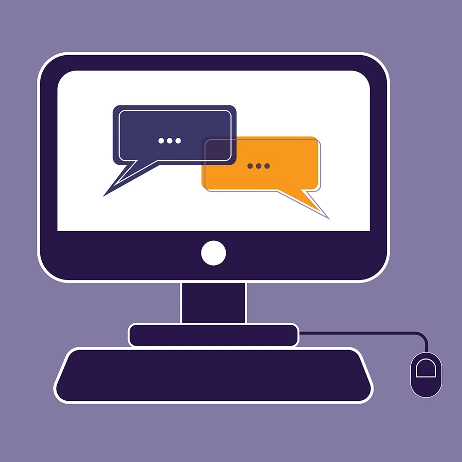 Illustration of a computer monitor showcasing two overlapping speech bubbles, one navy and one orange, on a purple background, symbolizing services in Boston. A mouse is connected to the computer.