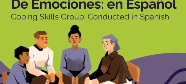 Illustration of a diverse group seated in a circle, engaging in conversation under the heading in Spanish and English about a coping skills group conducted in Boston. The discussion emphasizes ways to get help, highlighting support available at the rape crisis center.