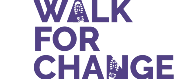 Logo with text "Walk for Change: End Sexual Violence" in purple, featuring a sprouting plant above the text, symbolizing growth and healing. This initiative collaborates with local rape crisis centers to help those seeking services to get help and support.