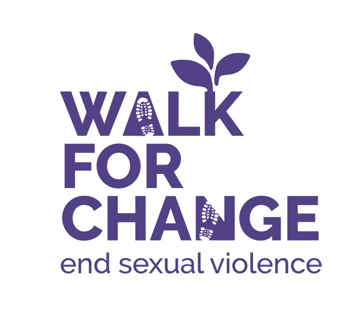 Logo with text "Walk for Change: End Sexual Violence" in purple, featuring a sprouting plant above the text, symbolizing growth and healing. This initiative collaborates with local rape crisis centers to help those seeking services to get help and support.
