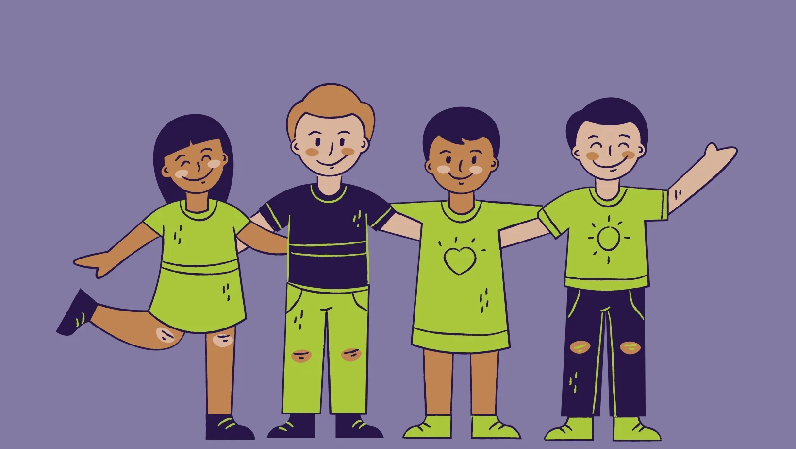 Group of people wearing green and purple "Walk for Change" shirts, standing on a wet path in front of houses, smiling and posing for a photo.