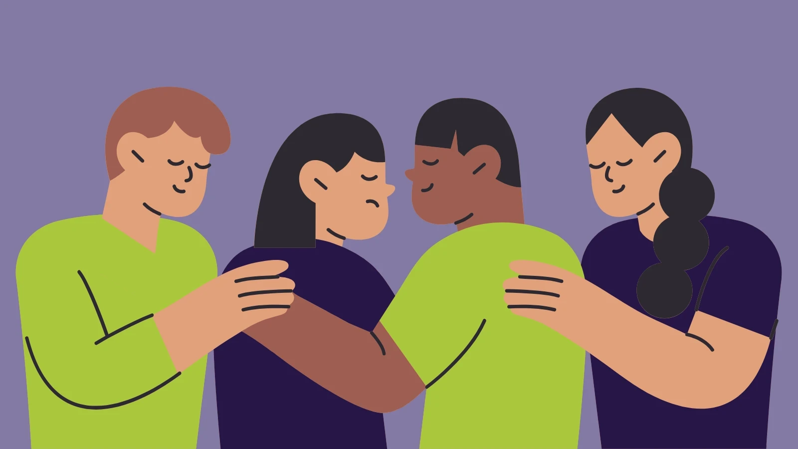 Four individuals with eyes closed embrace in a supportive group hug against a purple background, symbolizing the healing support available at Boston's rape crisis center.