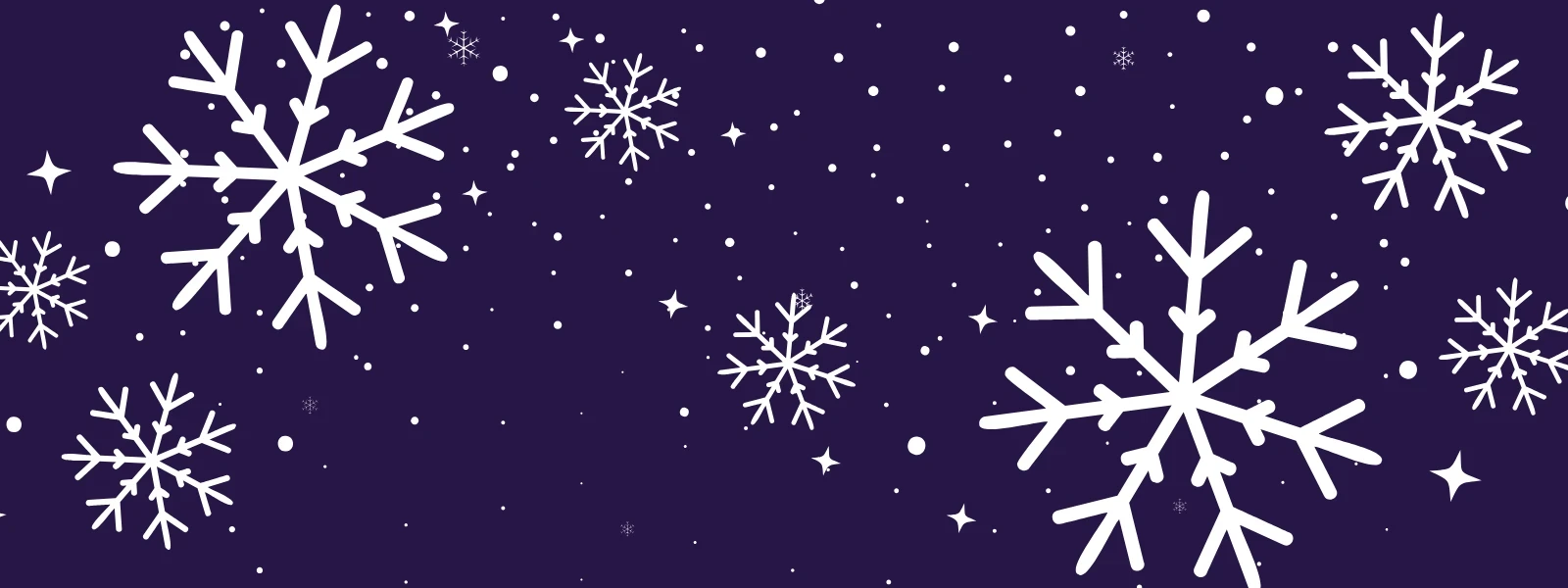 Illustration of white snowflakes of varying sizes on a dark purple background.